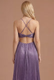 Purple Halter Neck Pleated Backless Long Prom Dress