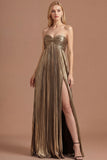 Dark Gold Sweetheart Pleated A Line Long Prom Dress with Slit