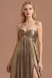 Dark Gold Sweetheart Pleated A Line Long Prom Dress with Slit
