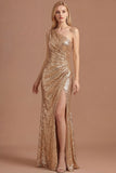 Gold Sparkly One Shoulder Ruched Sheath Long Prom Dress with Slit