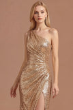 Gold Sparkly One Shoulder Ruched Sheath Long Prom Dress with Slit
