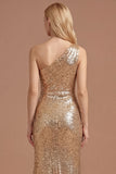 Gold Sparkly One Shoulder Ruched Sheath Long Prom Dress with Slit