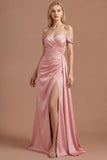 Pink Off the Shoulder A Line Satin Ruched Long Prom Dress with Slit