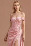 Pink Off the Shoulder A Line Satin Ruched Long Prom Dress with Slit