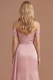 Pink Off the Shoulder A Line Satin Ruched Long Prom Dress with Slit
