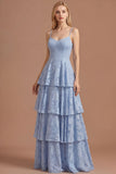 Dusty Blue A Line Floral Spaghetti Straps Tiered Long Prom Dress