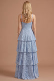 Dusty Blue A Line Floral Spaghetti Straps Tiered Long Prom Dress