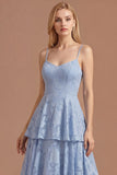 Dusty Blue A Line Floral Spaghetti Straps Tiered Long Prom Dress