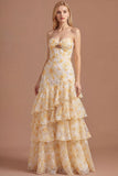 Yellow Floral A Line Ruffled Tiered Sweetheart Long Prom Dress