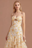 Yellow Floral A Line Ruffled Tiered Sweetheart Long Prom Dress