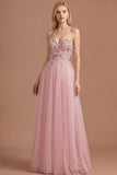 A Line Floral Pink Sweetheart Pleated Long Prom Dress