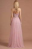 A Line Floral Pink Sweetheart Pleated Long Prom Dress
