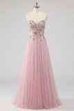 A Line Floral Pink Sweetheart Pleated Long Prom Dress