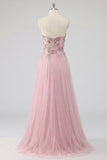 A Line Floral Pink Sweetheart Pleated Long Prom Dress