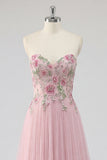 A Line Floral Pink Sweetheart Pleated Long Prom Dress