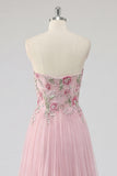 A Line Floral Pink Sweetheart Pleated Long Prom Dress