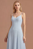 Sky Blue A Line Spaghetti Straps Pleated Long Prom Dress