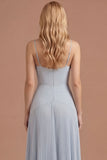 Sky Blue A Line Spaghetti Straps Pleated Long Prom Dress