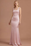 Pink Sheath Satin Thick Straps Sleeveless Long Prom Dress