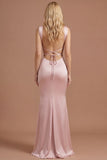 Pink Sheath Satin Thick Straps Sleeveless Long Prom Dress