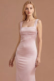 Pink Sheath Satin Thick Straps Sleeveless Long Prom Dress
