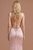 Pink Sheath Satin Thick Straps Sleeveless Long Prom Dress