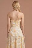 A Line Yellow Floral Appliqued Sweetheart High Low Prom Dress