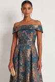 Peacock Blue Jacquard Floral A Line High Long Formal Dress