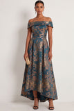 Peacock Blue Jacquard Floral A Line High Long Formal Dress