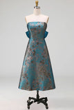 Peacock Blue Jacquard Floral A Line Strapless Long Formal Dress with Bow