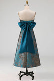 Peacock Blue Jacquard Floral A Line Strapless Long Formal Dress with Bow
