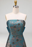 Peacock Blue Jacquard Floral A Line Strapless Long Formal Dress with Bow