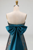 Peacock Blue Jacquard Floral A Line Strapless Long Formal Dress with Bow
