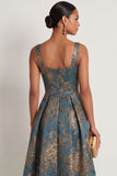 Peacock Blue Jacquard Floral Thick Straps Sleeveless Long Formal Dress