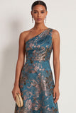 Peacock Blue Floral Jacquard One Shoulder High Low Formal Dress