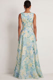 Round Neck Light Green Floral A Line Sleeveless Long Formal Dress