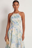 Floral Light Green Halter Neck A Line Floral Long Formal Dress