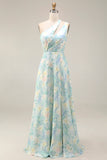 Floral Light Green One Shoulder A Line Floral Long Formal Dress with Slit