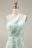 Floral Light Green One Shoulder A Line Floral Long Formal Dress with Slit