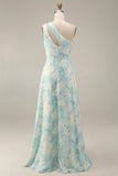 Floral Light Green One Shoulder A Line Floral Long Formal Dress with Slit