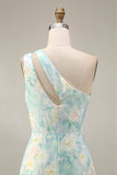 Floral Light Green One Shoulder A Line Floral Long Formal Dress with Slit