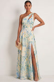 Floral Light Green One Shoulder A Line Floral Long Formal Dress with Slit