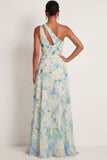 Floral Light Green One Shoulder A Line Floral Long Formal Dress with Slit