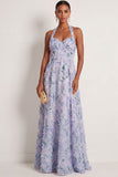 Floral Light Purple A Line Halter Neck Long Formal Dress