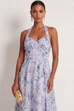 Floral Light Purple A Line Halter Neck Long Formal Dress