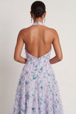 Floral Light Purple A Line Halter Neck Long Formal Dress