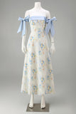 Light Blue A Line Floral Appliqued Off the Shoulder Long Wedding Guest Dress