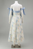 Light Blue A Line Floral Appliqued Off the Shoulder Long Wedding Guest Dress