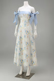 Light Blue A Line Floral Appliqued Off the Shoulder Long Wedding Guest Dress