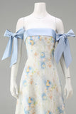 Light Blue A Line Floral Appliqued Off the Shoulder Long Wedding Guest Dress